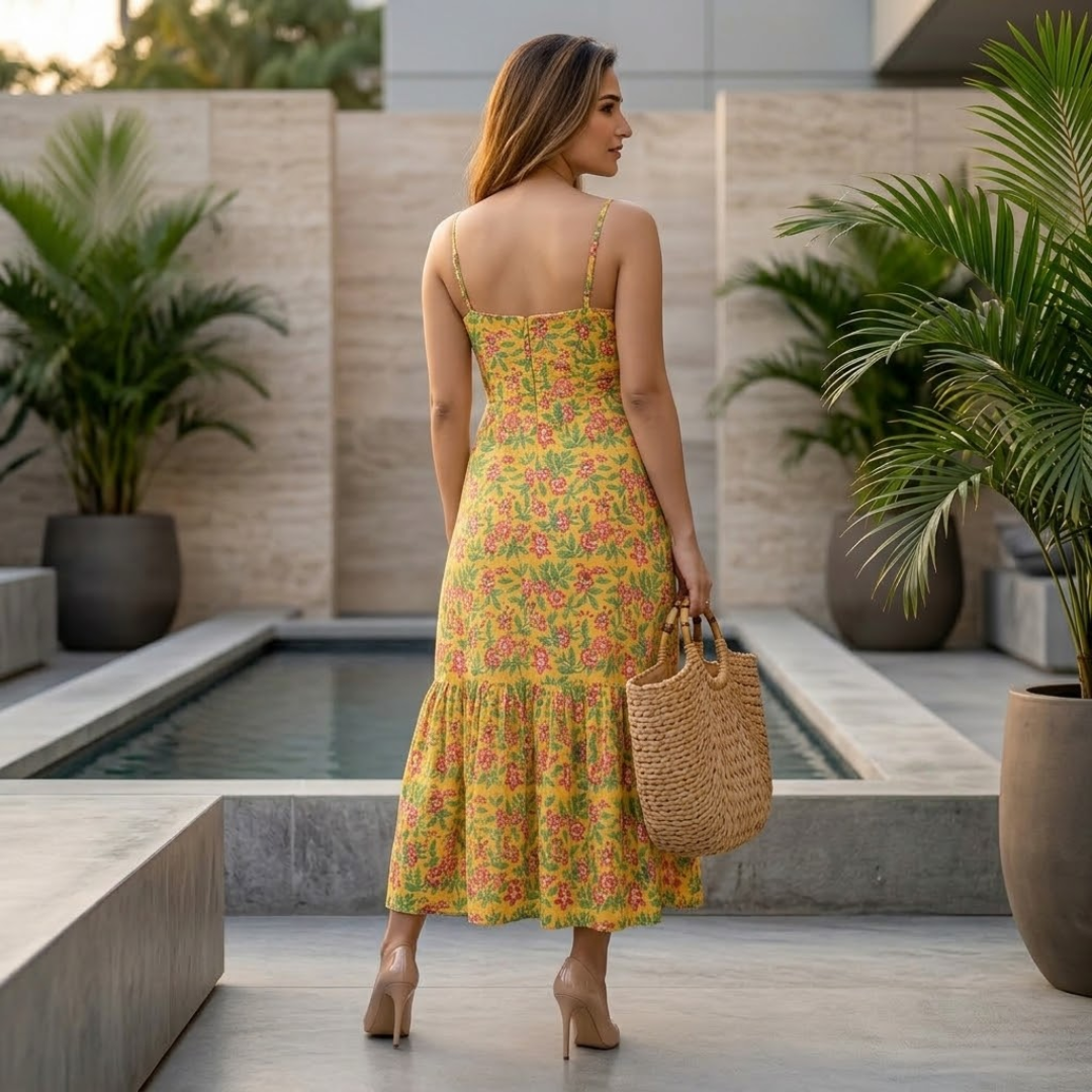 Women's Yellow Floral Printed Rayon Bodycon Dress | Shoulder Strap Sleeveless