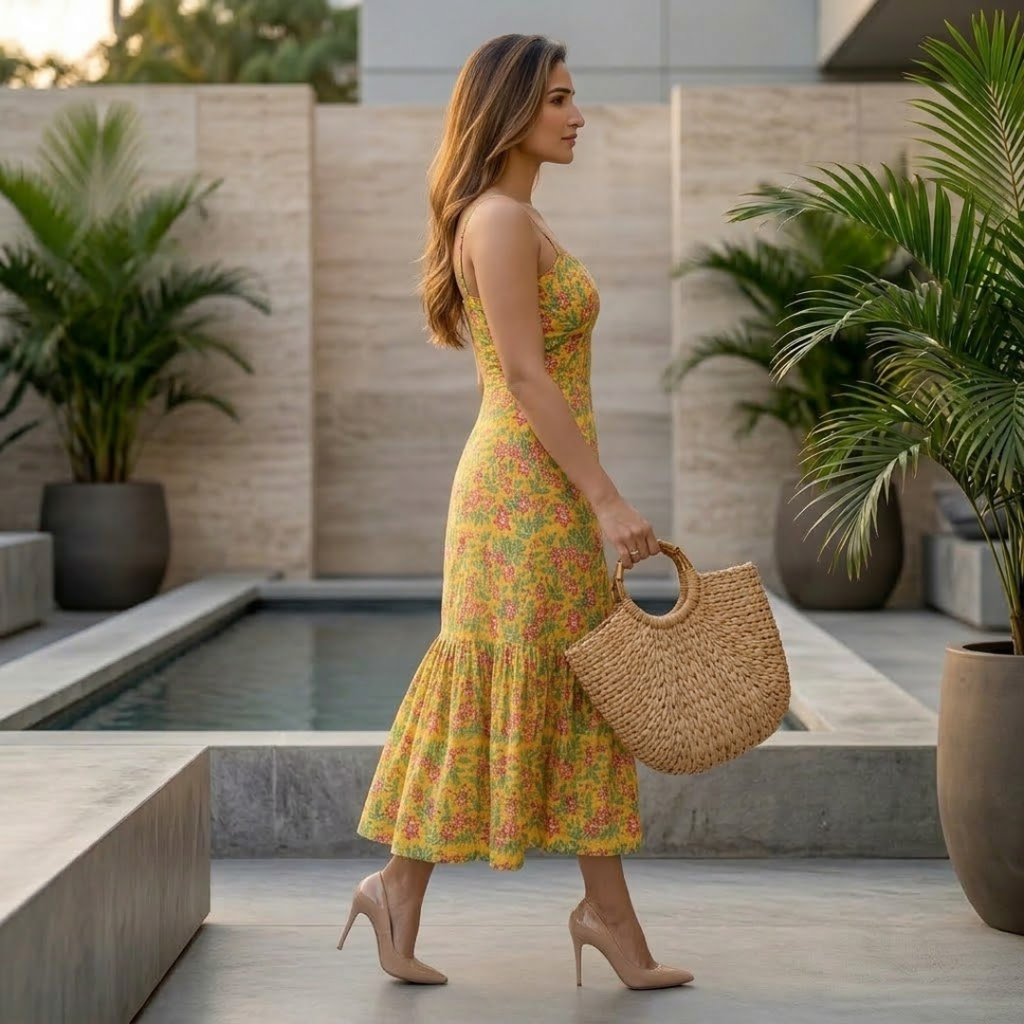 Women's Yellow Floral Printed Rayon Bodycon Dress | Shoulder Strap Sleeveless
