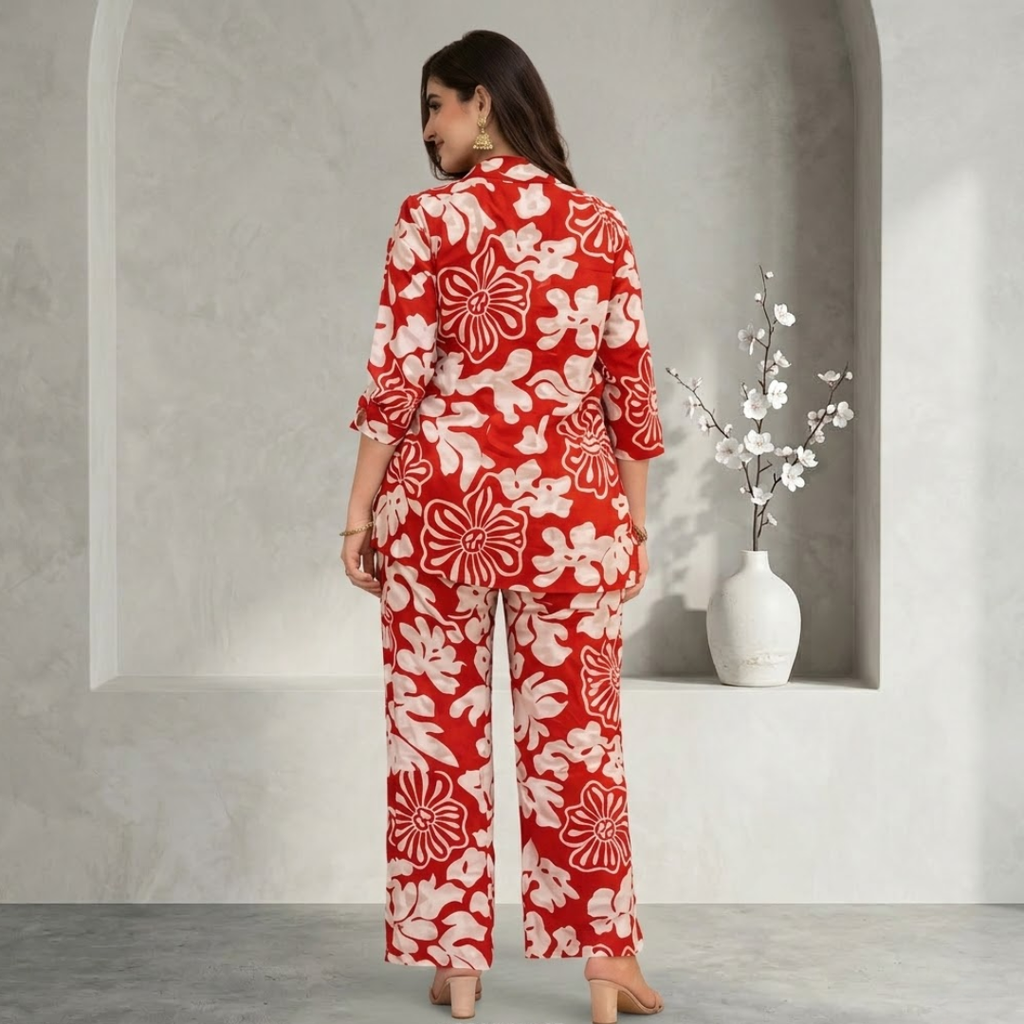 Women's Red Floral Printed Rayon Co-Ord Set | Crop Top & Trouser