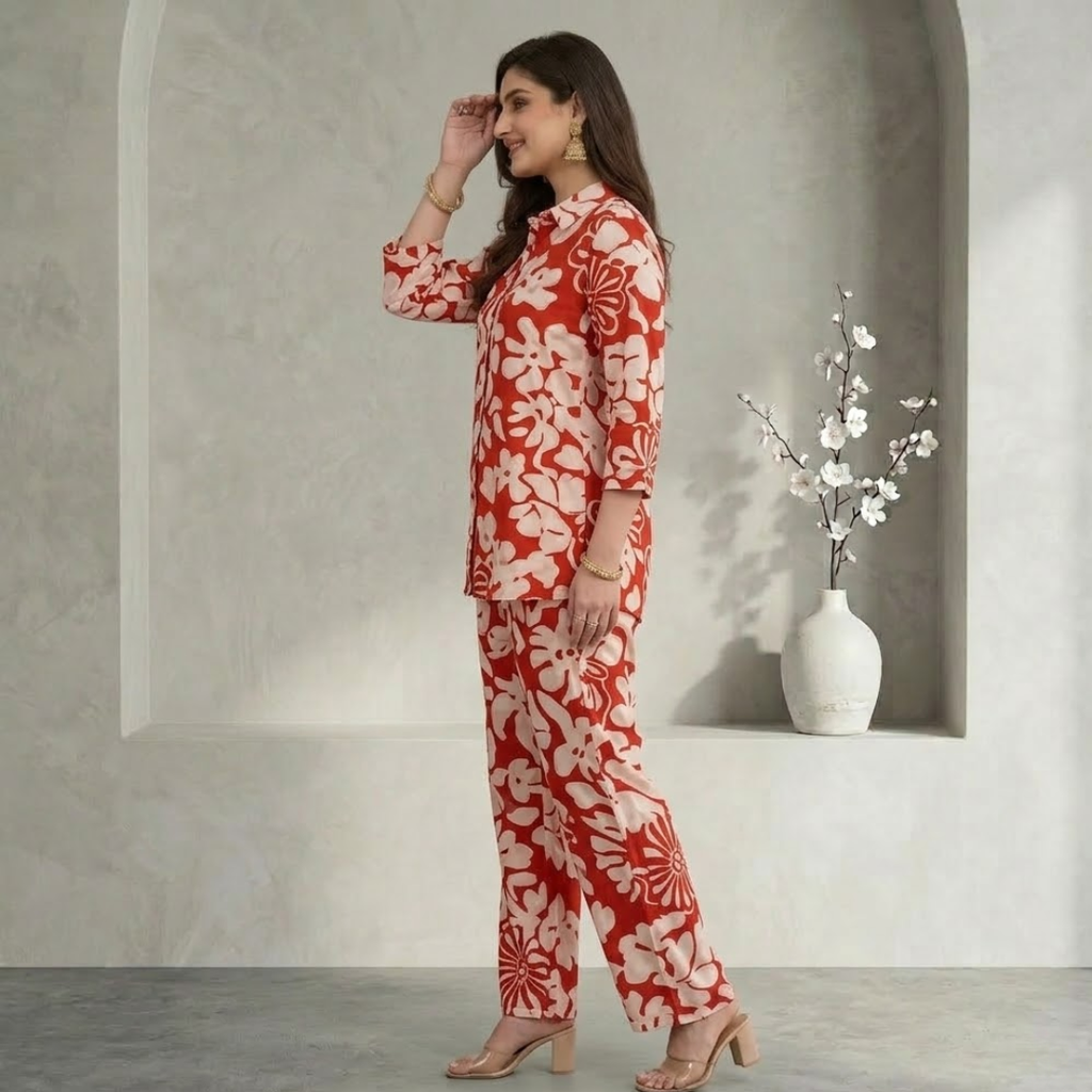 Women's Red Floral Printed Rayon Co-Ord Set | Crop Top & Trouser