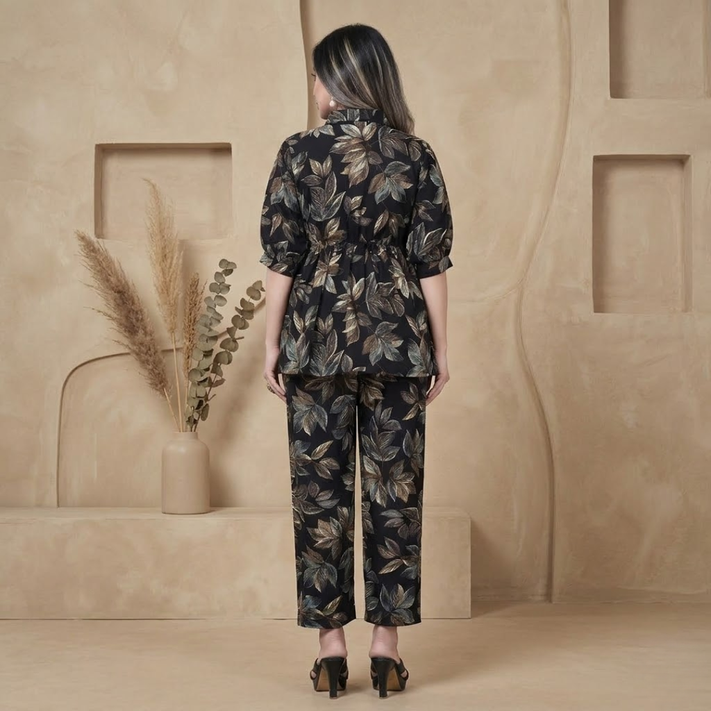 Women's Multicolor Printed Crepe Co-Ord Set | Shirt Collar Top, Trouser & Shrug