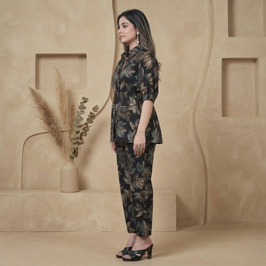 Women's Multicolor Printed Crepe Co-Ord Set | Shirt Collar Top, Trouser & Shrug