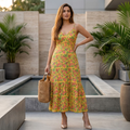 Women's Yellow Floral Printed Rayon Bodycon Dress | Shoulder Strap Sleeveless