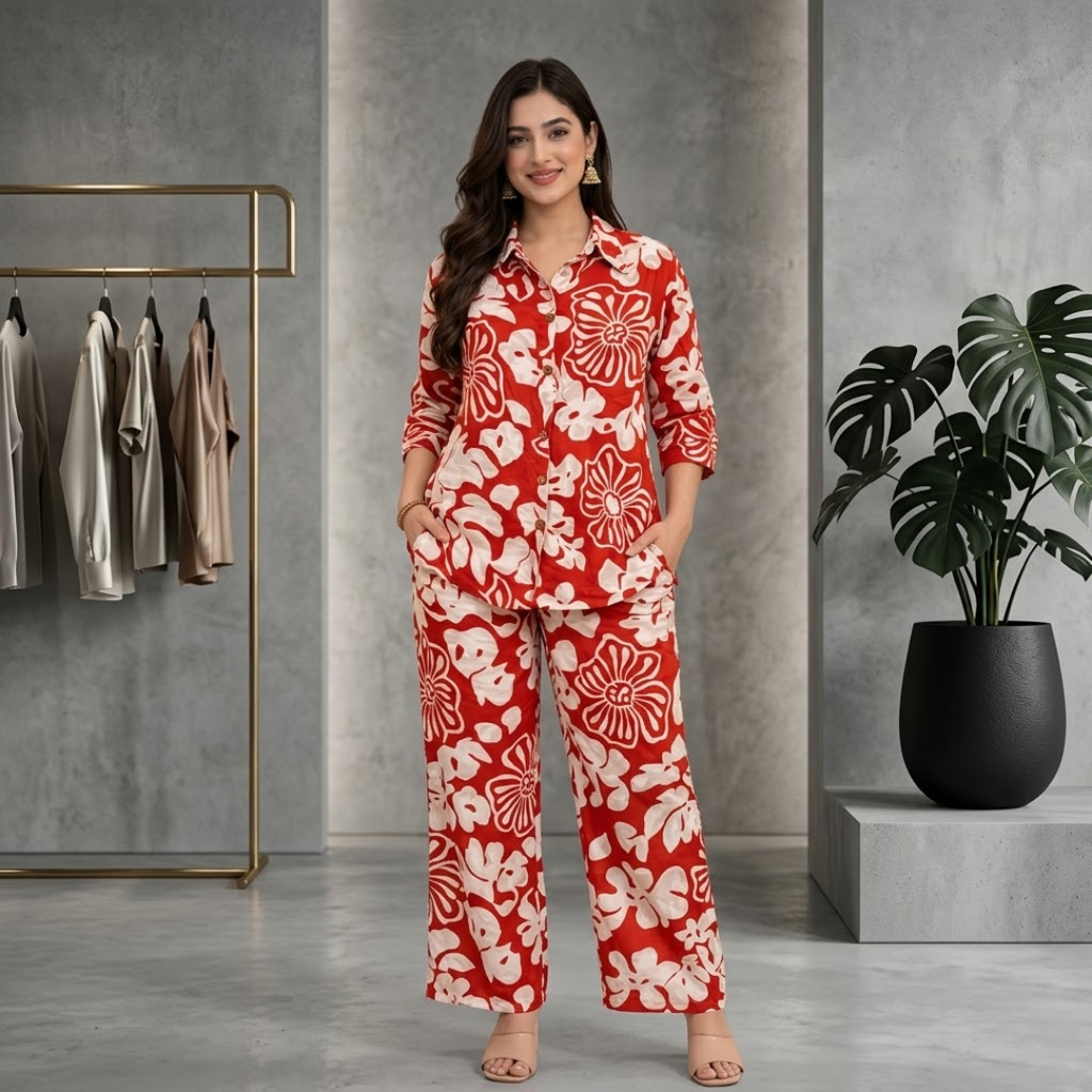Women's Red Floral Printed Rayon Co-Ord Set | Crop Top & Trouser